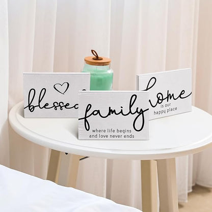 Jetec 3 Pcs Family Home Blessed Rustic Wood Sign Mini Wood Decorative Farmhouse Woodworks Table Shelves Decorations Sign for Bedroom Kitchen Living Room Table Decor(White,5 x 7 x 0.59 in)