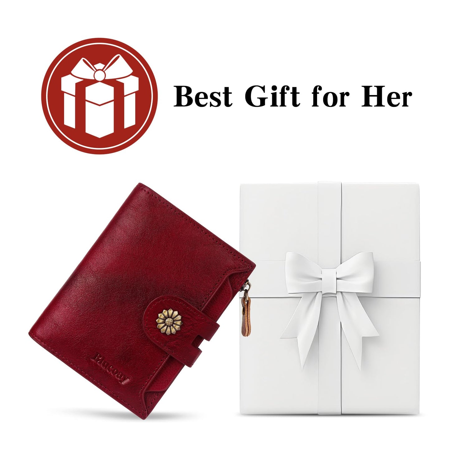 Blucoay Wallet Women,RFID Blocking Real Leather Womens Wallet Bifold Compact Card Holder Small Wallet for Women with Removable ID Window Red