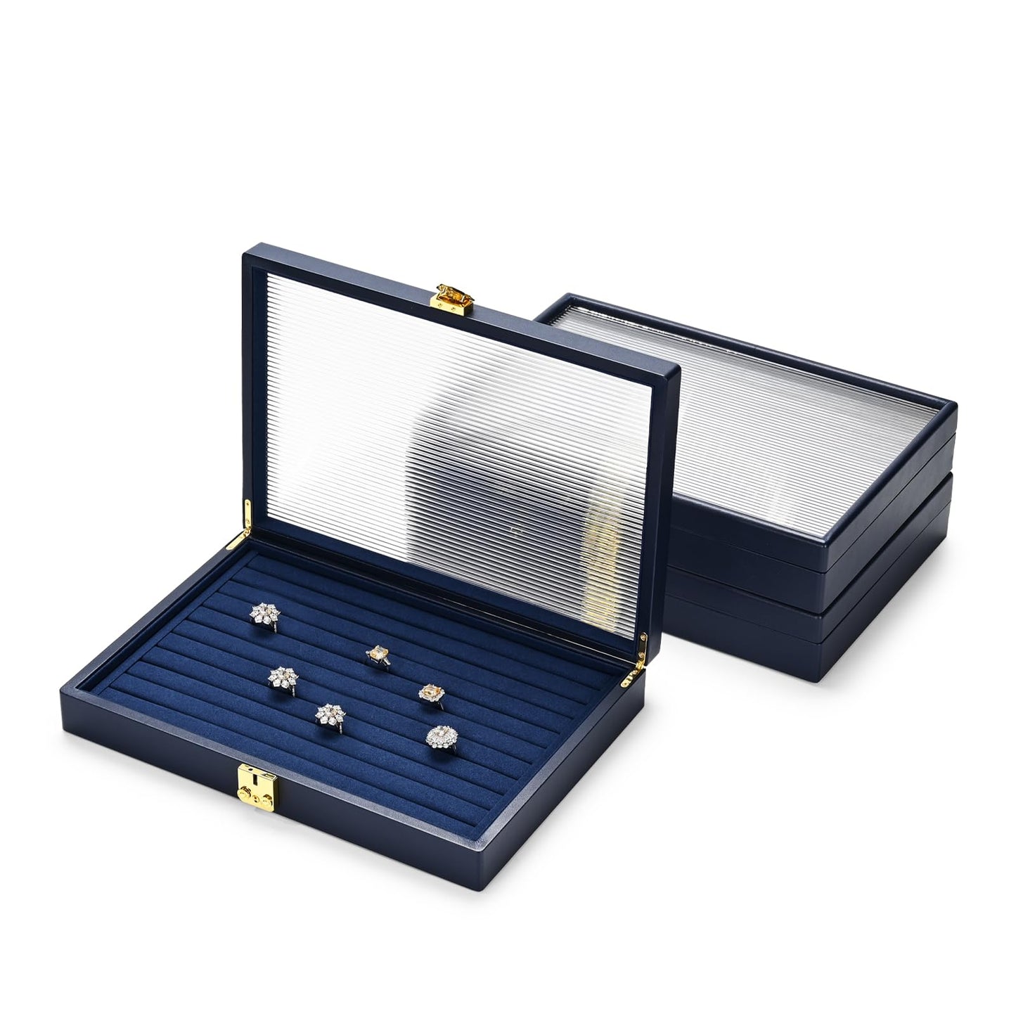 Oirlv Blue Leather Jewelry Organizer Jewelry Tray with Lid Jewelry Organizers and Storage for Drawers Stackable Jewelry Trays Necklace Organizer Hoder for Women Jewelry Organizer with Lock (24 Grid)