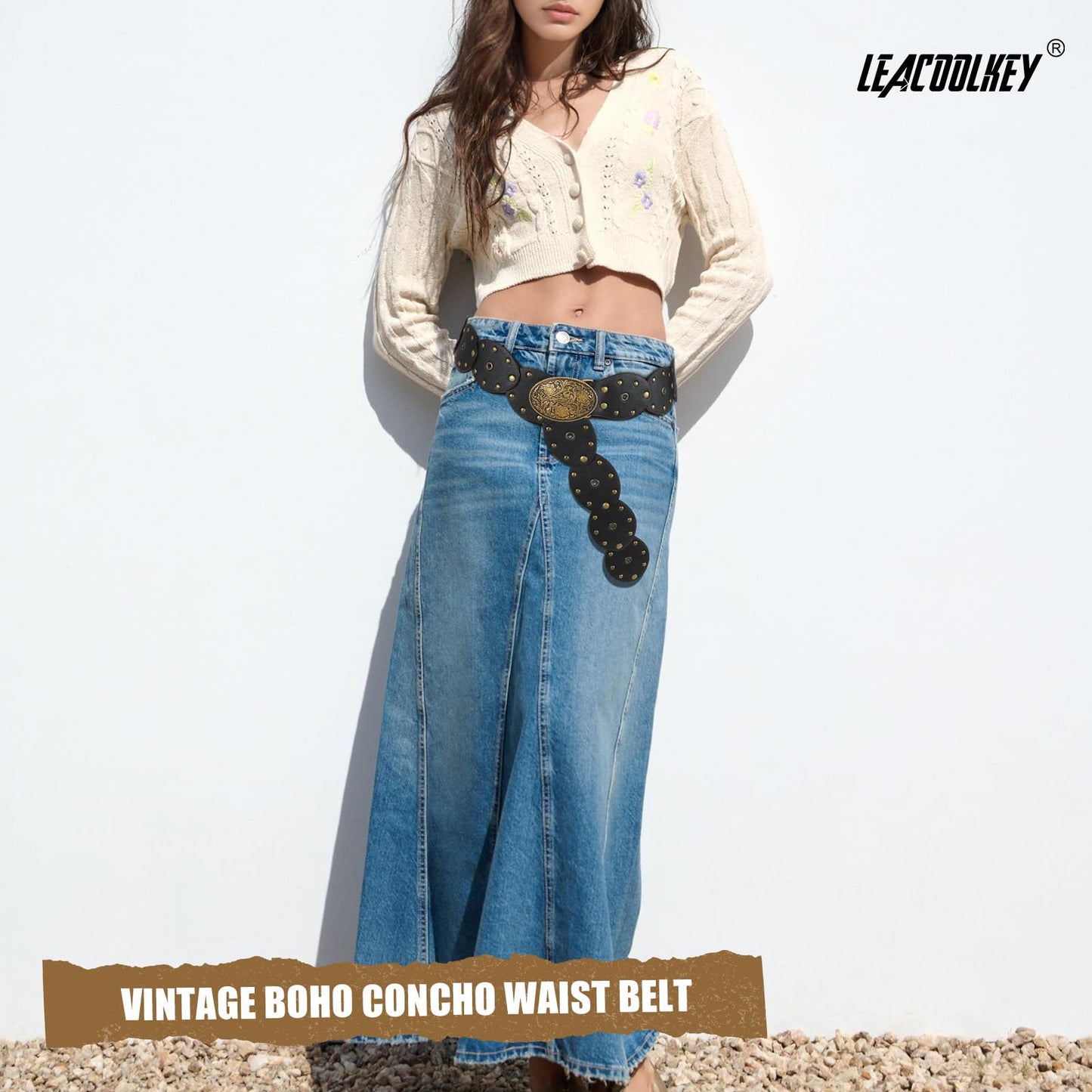 LEACOOLKEY Hollow Disc Belt Western Leather Belt Boho Concho Belt Vintage Waist Belt for Women