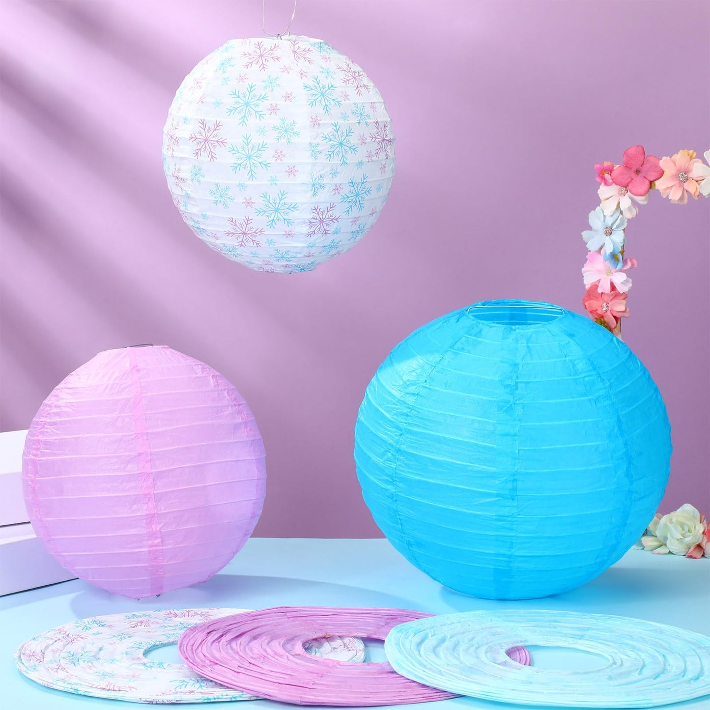 MotiMind 12 Pcs Snowflake Hanging Paper Lanterns Snowflake Princess Party Decors White Blue Purple Round Lantern for Snow Wonderland Birthday Party Supplies Baby Shower Home Winter Decor