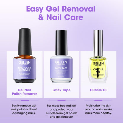 Gellen Gel Nail Polish Remover Kit, Gel Polish Remover for Nails with Liquid Latex Tape Cuticle Oil and Manicure Tools, Quick & Easy Gel Remover in 3-5 Minutes, No Soaking Or Wrapping