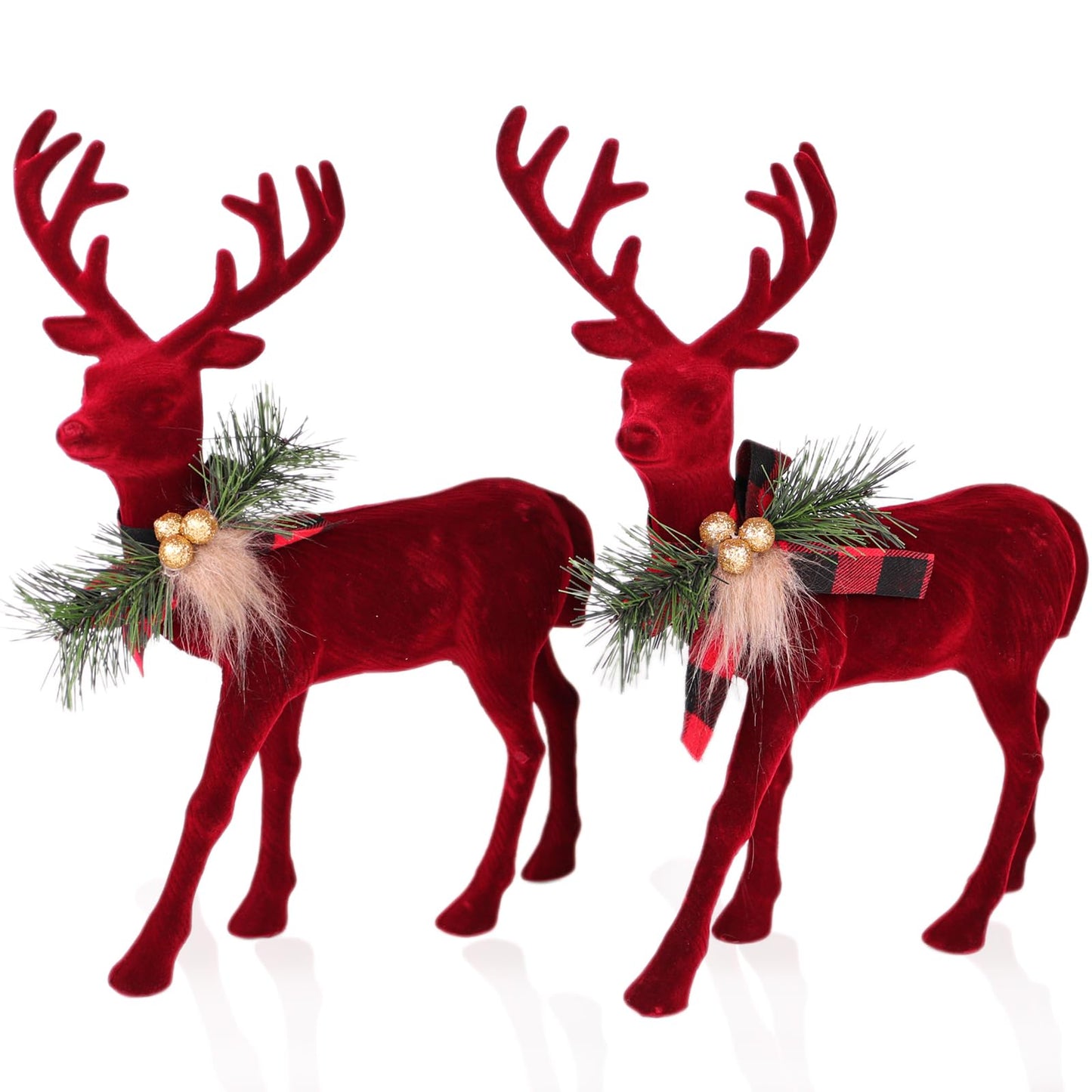 Lotus Hills 2 pcs Reindeer Christmas Decorations, Flocking Christmas Reindeer Figurines with Red Buffalo Plaid Bow, Deer décor Christmas Table Centerpieces Decorations