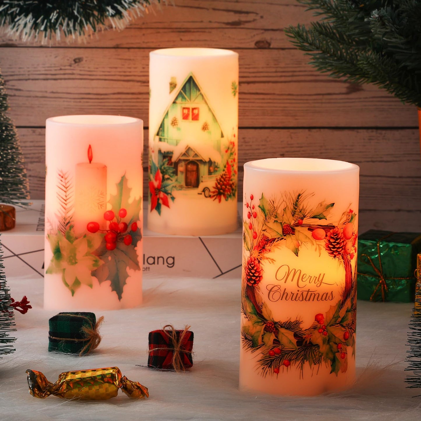 Retisee 3 Pcs Farmhouse Christmas Flameless Candles with Remote Rustic Christmas Battery Operated LED Candles Farmhouse Xmas Decor for Rustic Xmas Holiday Dining Table Bedroom Living Room