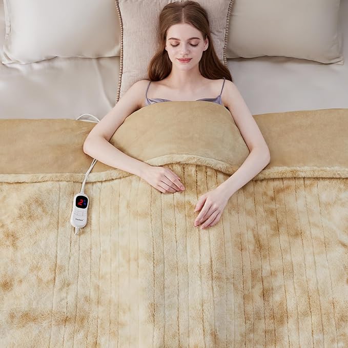 Guohaoi Heated Blanket Electric Throw, Soft Faux Rabbit Fur Electric Blanket with 10 Heating Levels 5 Sitting Timer Auto Off, Cozy Warm Heating Blankets, Machine Washable(62"×84" Beige)
