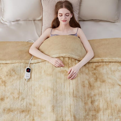 Guohaoi Heated Blanket Electric Throw, Soft Faux Rabbit Fur Electric Blanket with 10 Heating Levels 5 Sitting Timer Auto Off, Cozy Warm Heating Blankets, Machine Washable(84"×90" Beige)