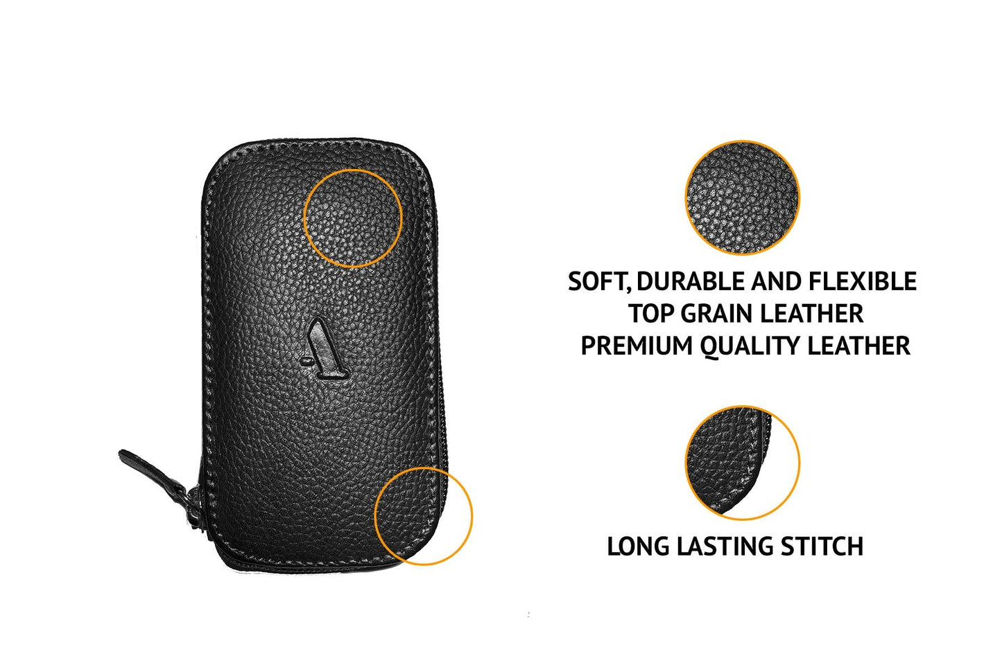 Adamis Full Grain Genuine Leather Keychain Holder Pouch, Key Case, Soft Strong and Compact Organizer and Wallet with Zip Closure for Extra Safety and 6 Key Holder Hooks in Black