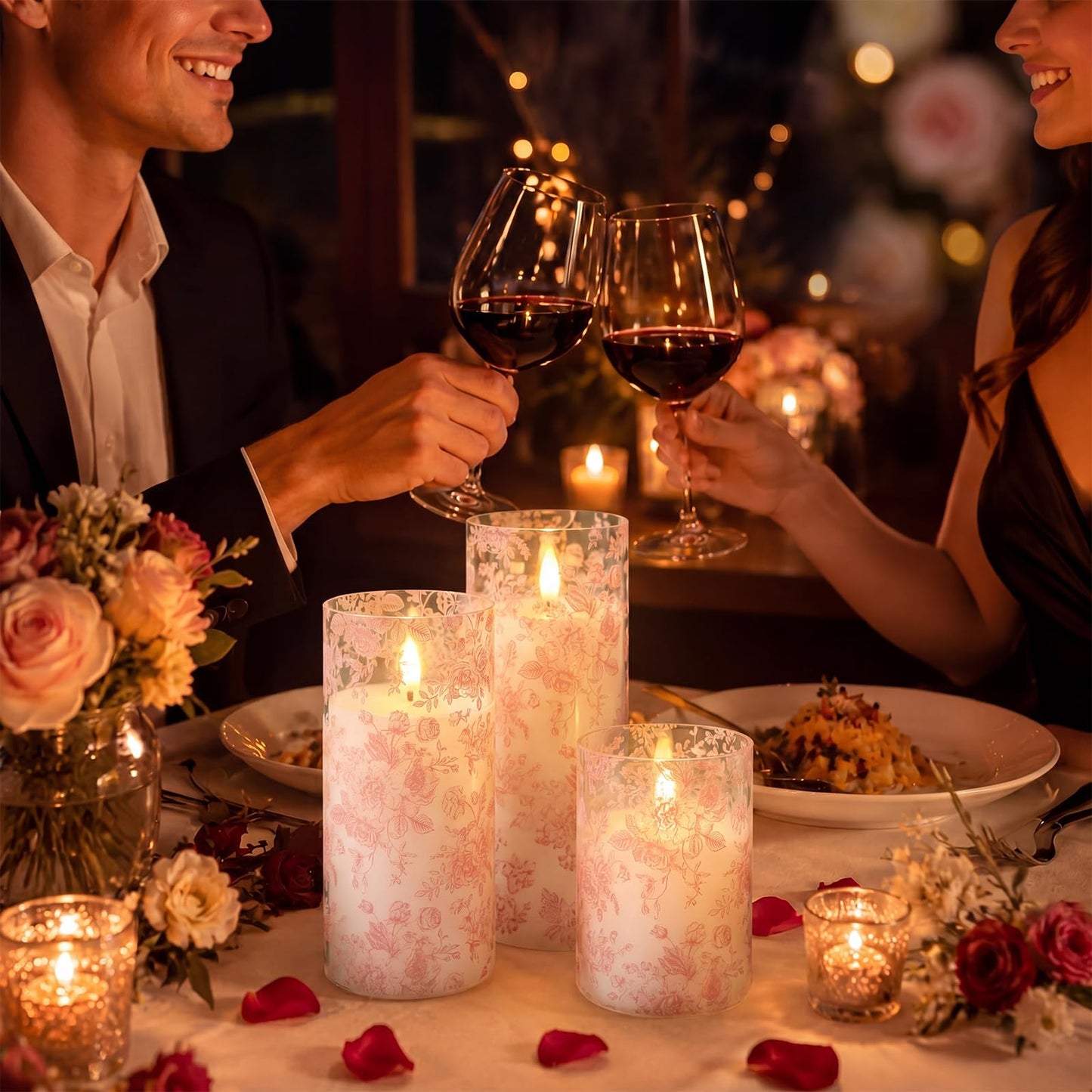 Lewtemi 3 Pcs Flameless Candles with Remote Pink Flower Flickering LED Candles Electric Pillar Candle for Wedding Dinner Christmas Holiday Decor (3 x 4" 5" 6" )