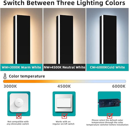 Upgrade Widened 2 Pack Outdoor Wall Light Fixture, 23.6inch Modern Long Linear LED Sconces, 3 Color 3000K/4500K/6000K, IP65 Waterproof, 24W, Exterior Lighting for House, Patio, Garage, Fence