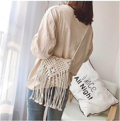 Women Tassel Shoulder Bag, Girls Fringed Crochet Purse Boho Crossbody Bags, Vintage Hand Woven Cotton Rope Hippie Style for Beach Vacation, Travel, Daily Use, Beige, Beige, S