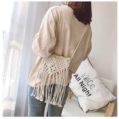 Women Tassel Shoulder Bag, Girls Fringed Crochet Purse Boho Crossbody Bags, Vintage Hand Woven Cotton Rope Hippie Style for Beach Vacation, Travel, Daily Use, Beige, Beige, S