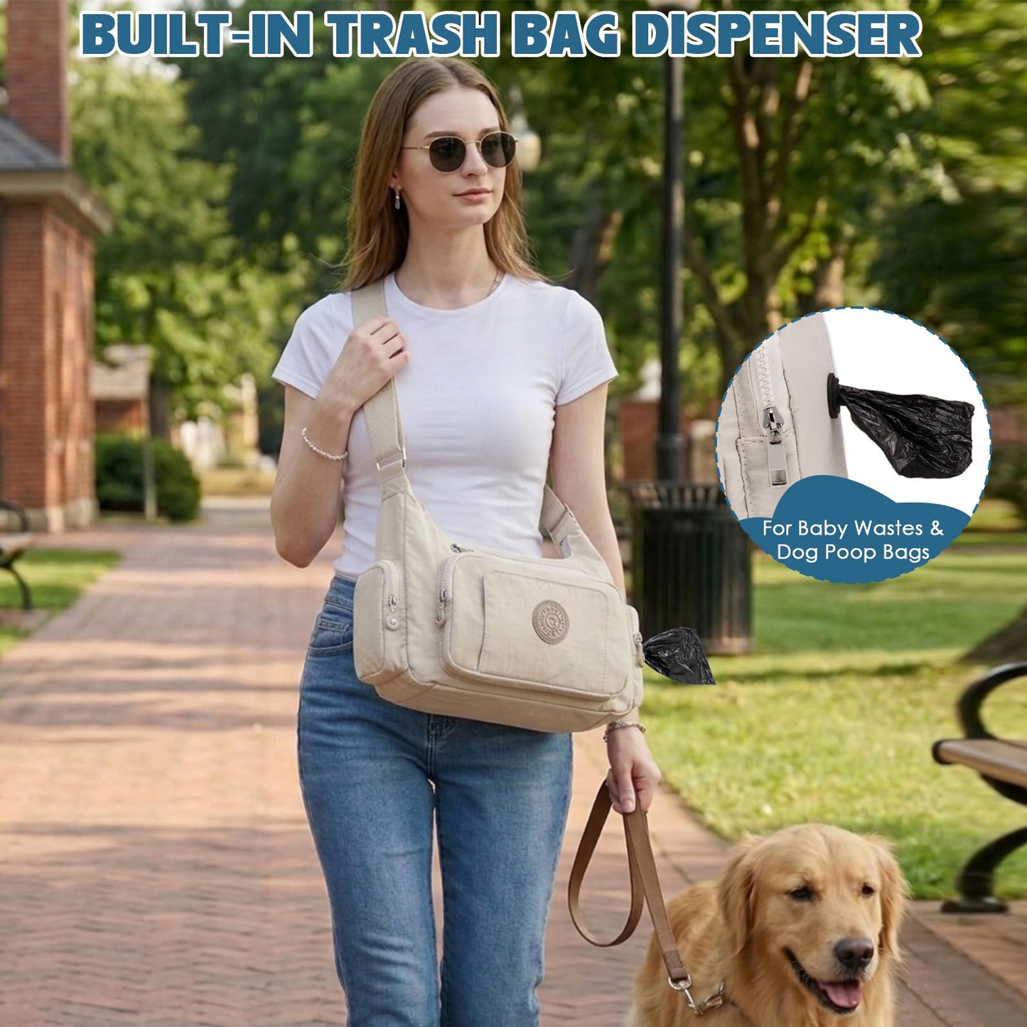 MYHOZEE Puffer Crossbody Diaper Bag for Mom - Lightweight Nylon Mom Bag Purse with Wipes & Trash Bag Dispenser - Compact Stroller Organizer Bag with Insulated Pocket, Water-Resistant, Apricot