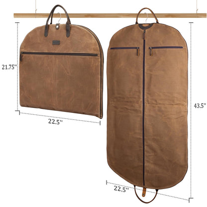 Polare 43” Waxed Canvas Full Grain Leather Trim Carry On Garment Bag for Travel, Waterproof Dust-Proof Foldable Hanging Suitcase Weekender Garment Cover with YKK Zipper