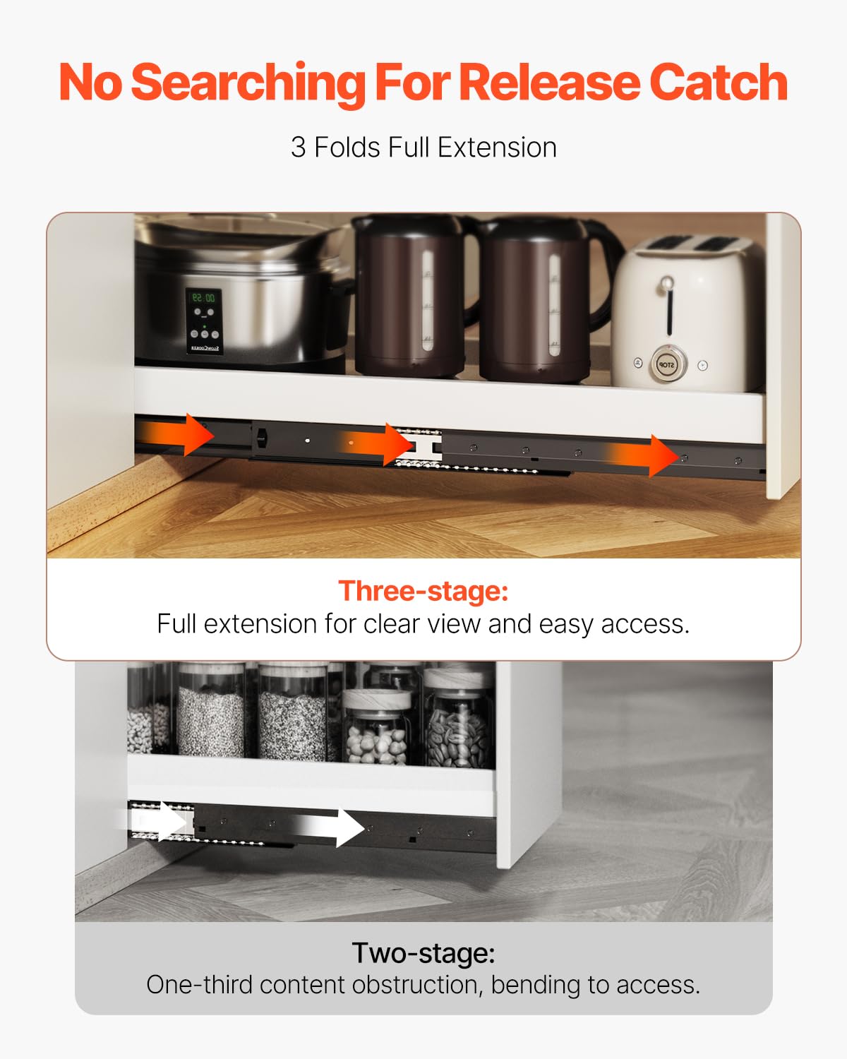 VEVOR Undermount Heavy Duty Drawer Slides, 16 24 32 40 Inch 260 lb Load Capacity Full Extension Ball Bearing Under Stair Cabinet Rails, Bottom Stair Cabinet Glides Track Runners(40inch, Black)
