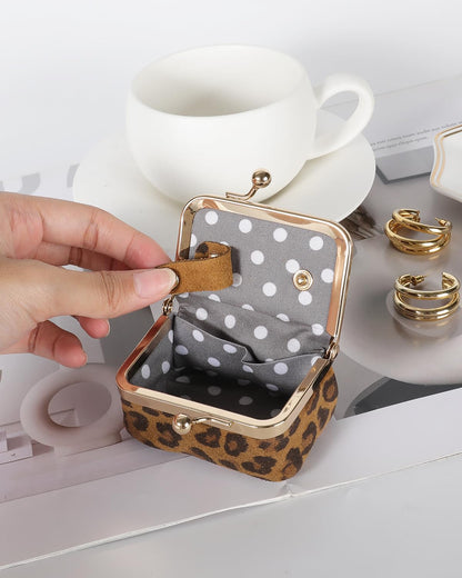 COOLYOUTH Leather Mini Jewelry Box Travel Jewelry Case Portable Small Coin Purse with Kiss Lock Travel Ring Box (Brown Leopard)