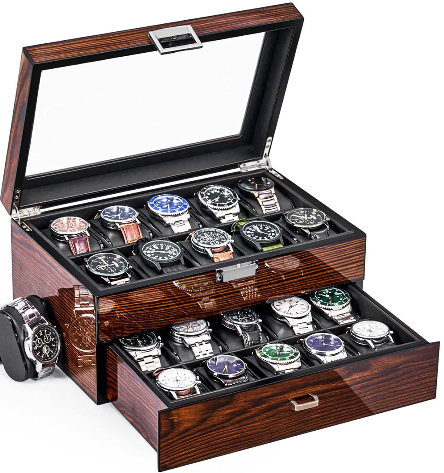 BEWISHOME High-End Watch Box, 20-Slot Watch Case with Large Glass Lid, Wooden Watch Cases for Men, Watch Storage, Watch Organizer, Synthetic Leather Interior, For Father's Day Brown SSH04Y