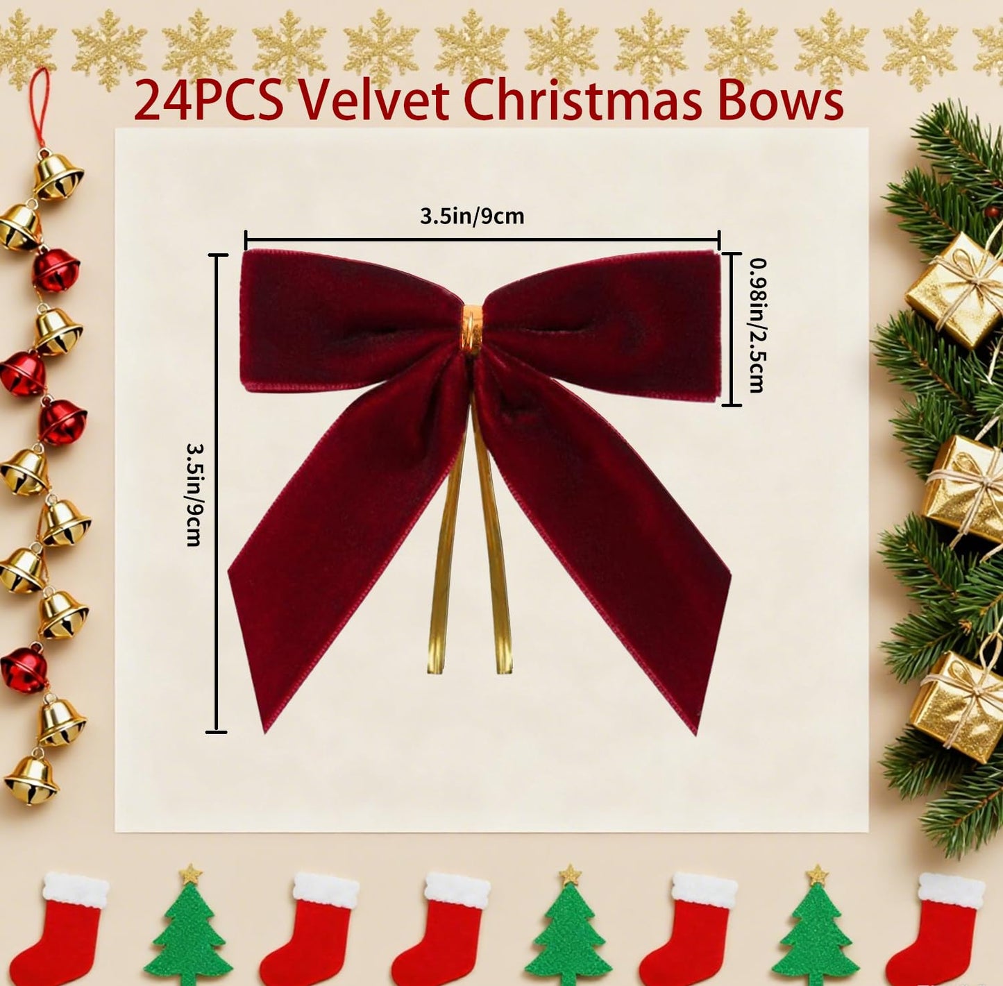Doacpcr 24 Pcs Burgundy Small Velvet Bows for Valentines Day Decorations, 3.5 Inch Xmas Velvet Ribbon Bow Ornaments for Christmas Farmhouse Wreath Garland DIY Craft Gift Wrapping Decorative, 1" W