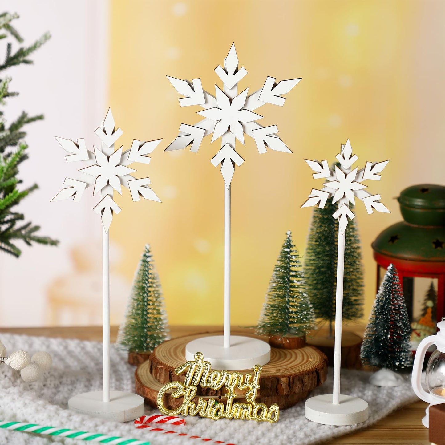 Soaoo 3 Pcs Winter Snowflake Decorations Wooden Snowflakes Table Centerpieces Tall Standing White Winter Snow Wonderland Wood Block Sign for Tabletop Shelf Mantel Home Tiered Tray Decor(Fresh)