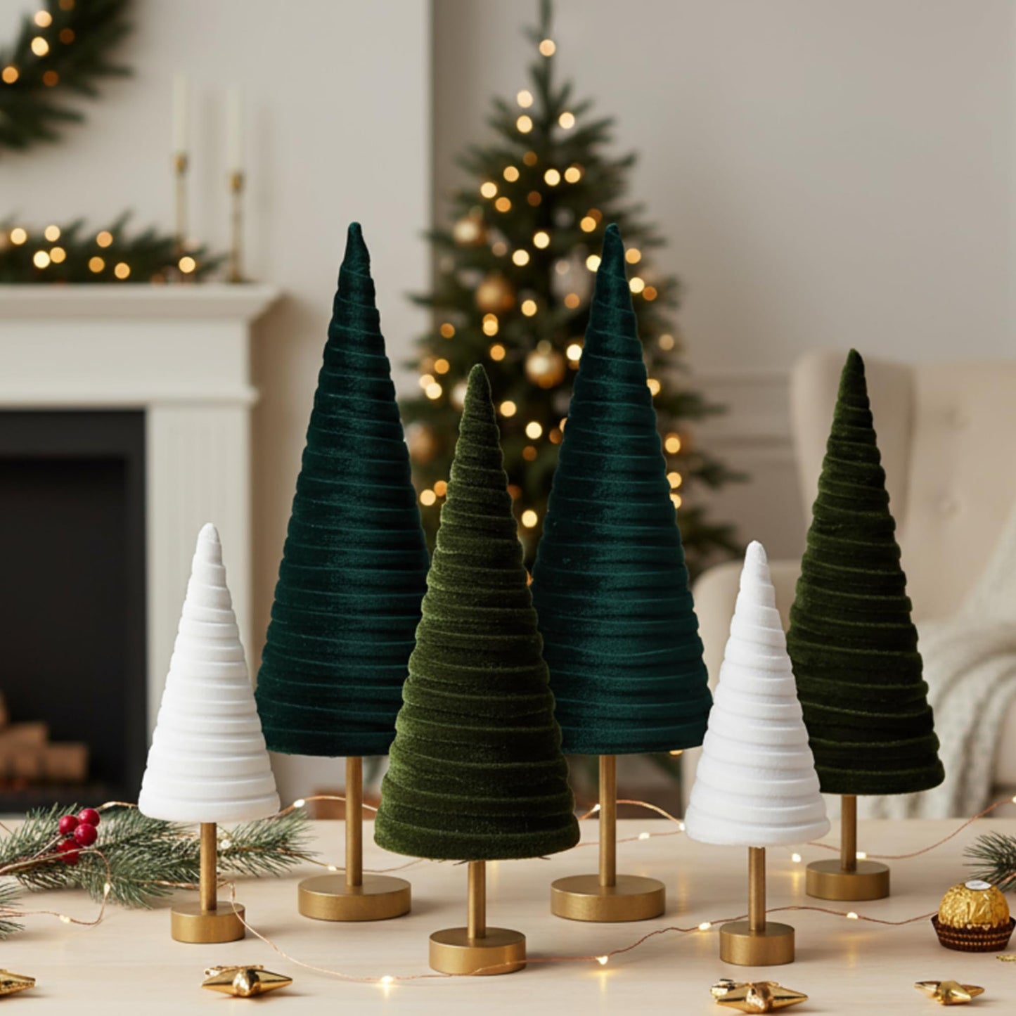Hoolerry 6 Pcs Christmas Velvet Trees with Gold Pedestal Christmas Velvet Cones Tree Mantel Decor Modern Rustic Winter Home Minimalist for Holiday Entryway Table Wedding Centerpiece (Forest Green)
