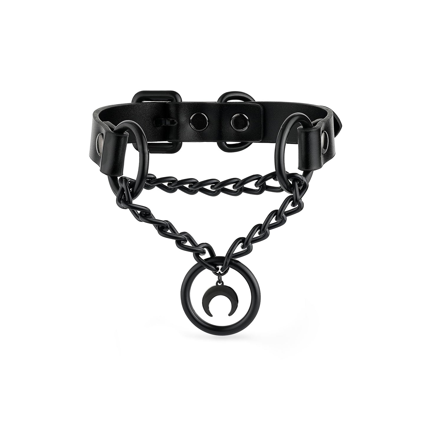 ADEMISHIA Black Gothic Chain Choker with O-ring and Moon Pendant, Punk Grunge Emo Leather Necklace For Women