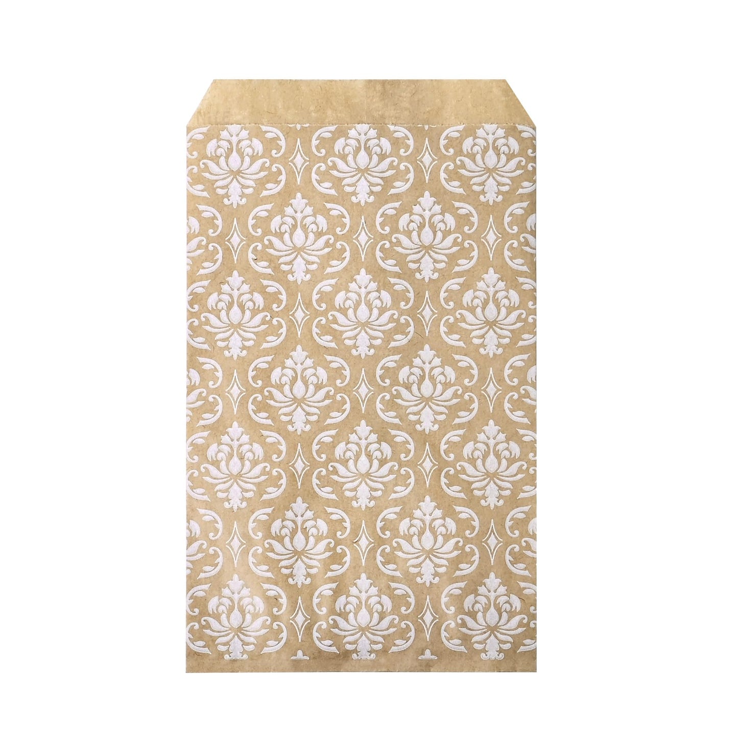 MOOCA 200 Pcs Damask Kraft Paper Gift Bags - Bulk, Small Business, Jewelry, Candy, Popcorn, Cookie & Treat Bags - 4 W x 6 H in - Kraft with White Damask