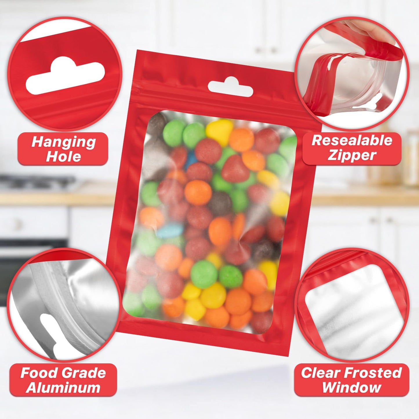 100 PCS Resealable Mylar Bags with Frosted Clear Window, Smell Proof Packaging Bags Foil Pouch Zip Bag for Food Self Sealing Storage Supplies Xmas Treat Bag (Red, 4.72x7.1)
