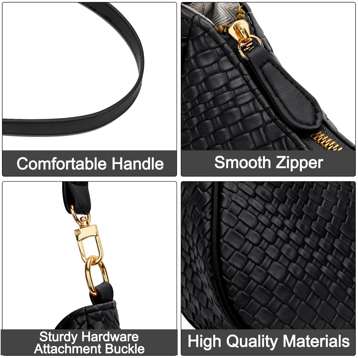 KKXIU Woven Shoulder Bag for Women Cute Hobo and Tote Handbags Retro Clutch Underarm Purse with 2 Removable Straps (B-Black)