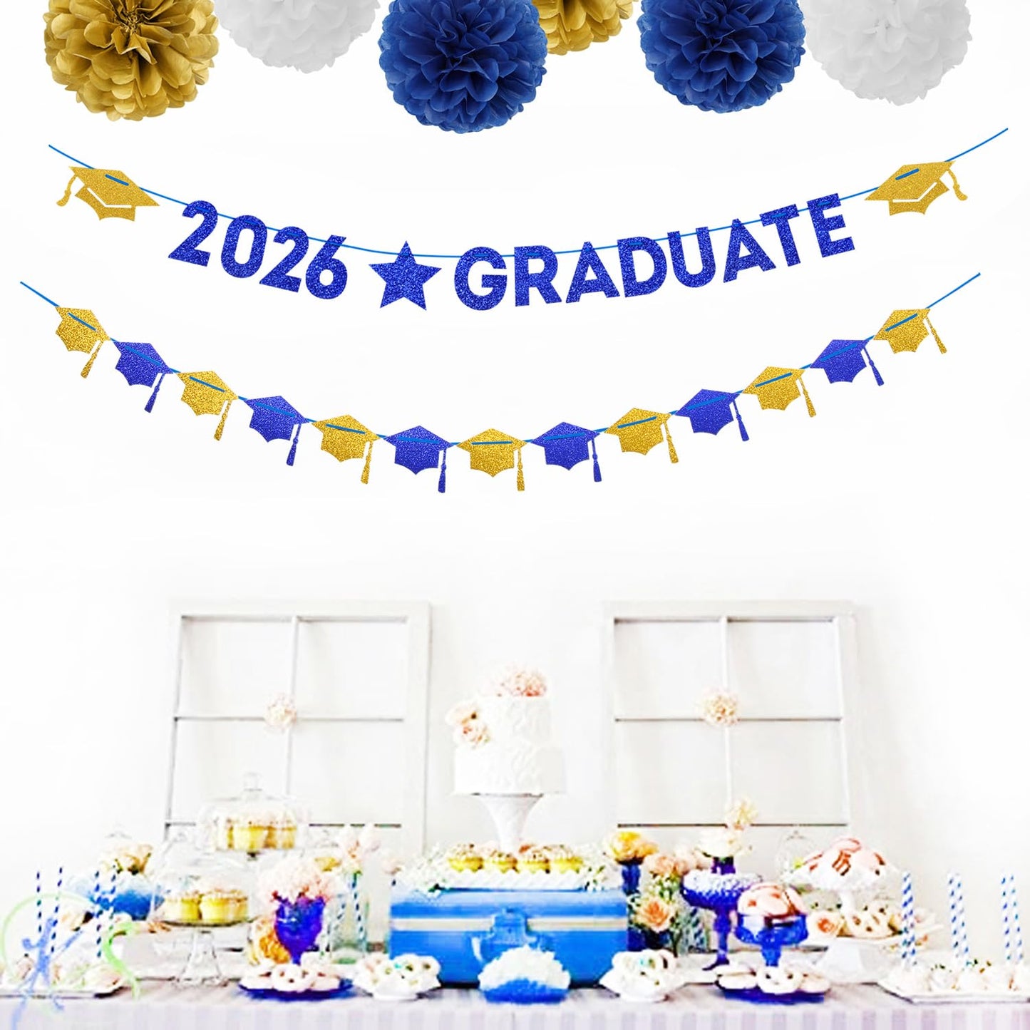 Navy-Blue White-Gold Party-Decoration Graduation Banner - 8pcs Kits Cap Garland Streamers, Paper Tissue Pom Poms Flowers, 2026 Craduate Banner Congratulations Grad Decor Lasting Surprise