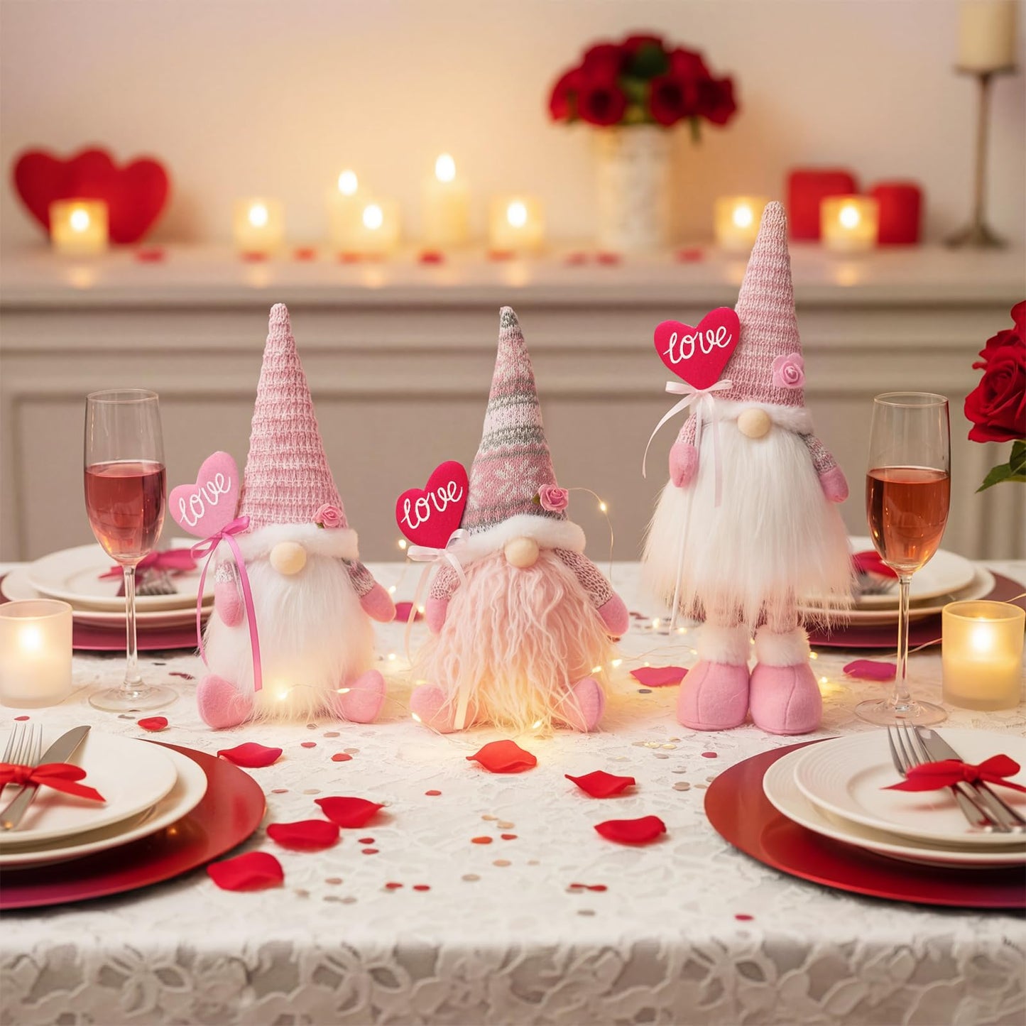 Sumind 3 Pcs Valentines Day Gnome Decorations Valentines Gnome Plush with Hearts Pink Handmade Gifts with Long Legs Table Tired Tray Decor Romantic Date Engagement Gift for Her Him