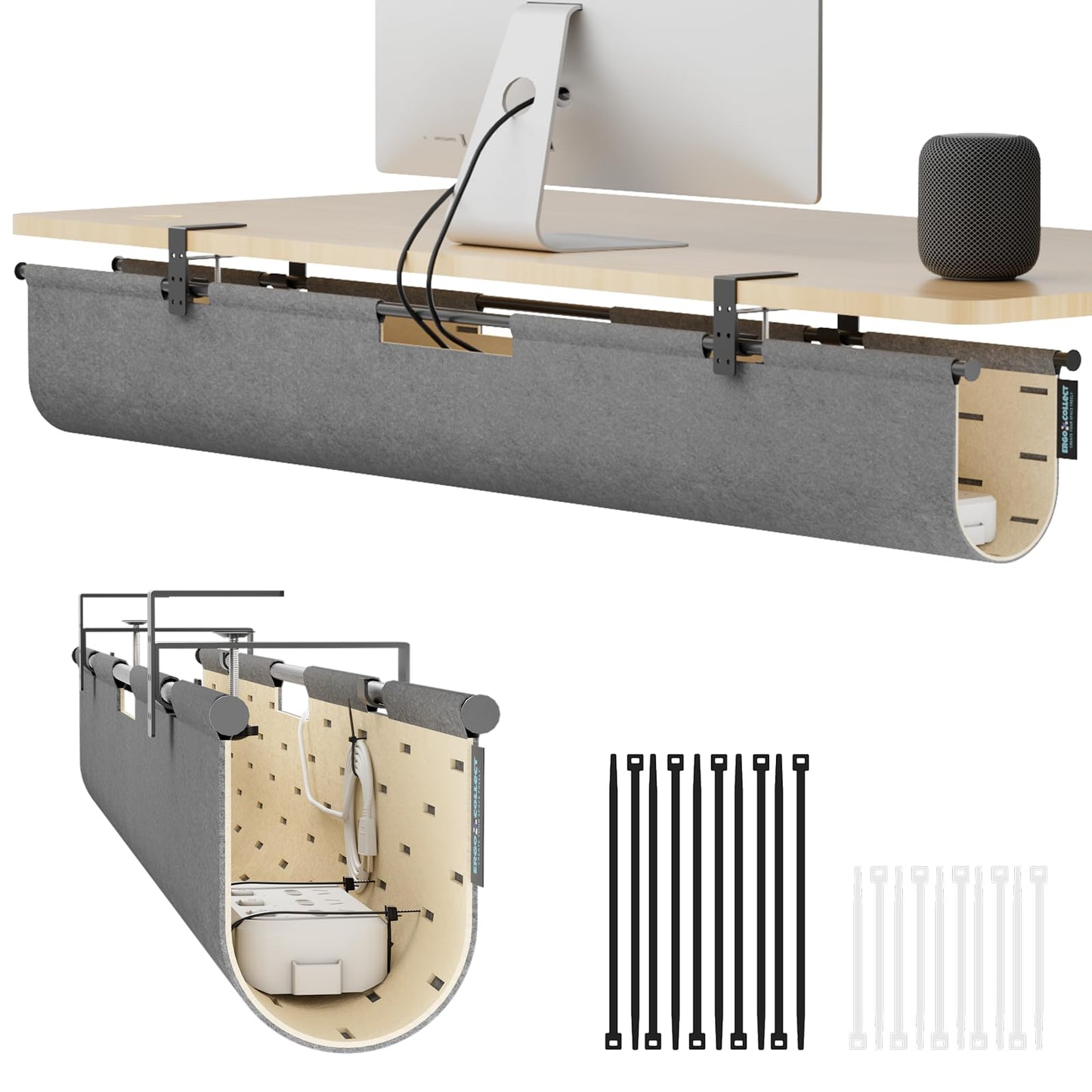 2-in-1 Under Desk Cable Management Tray & Privacy Panel, Dual-Sided Felt Cord Organizer to Hide Wires and Clutter, Desk Mount Cord Holder for Office and Home, Clamp or Screw Mount (Gray/Khaki, 45.2")