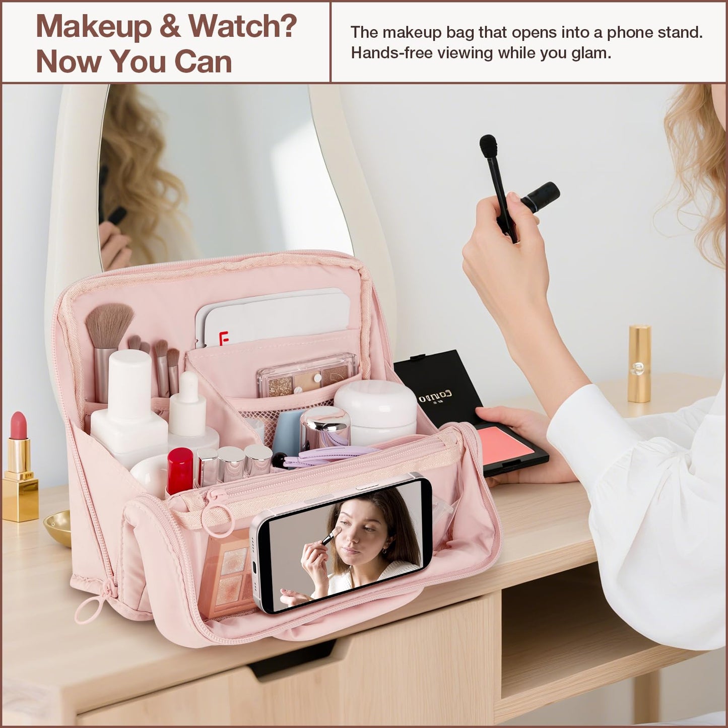 Abiudeng Standing Makeup Bag Stand up Make up Bag Travel Toiletry Bag with Multiple Compartments Large Capacity for Women Business Trips Fitness and Daily Commutes (Pink)
