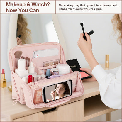 Abiudeng Standing Makeup Bag Stand up Make up Bag Travel Toiletry Bag with Multiple Compartments Large Capacity for Women Business Trips Fitness and Daily Commutes (Pink)