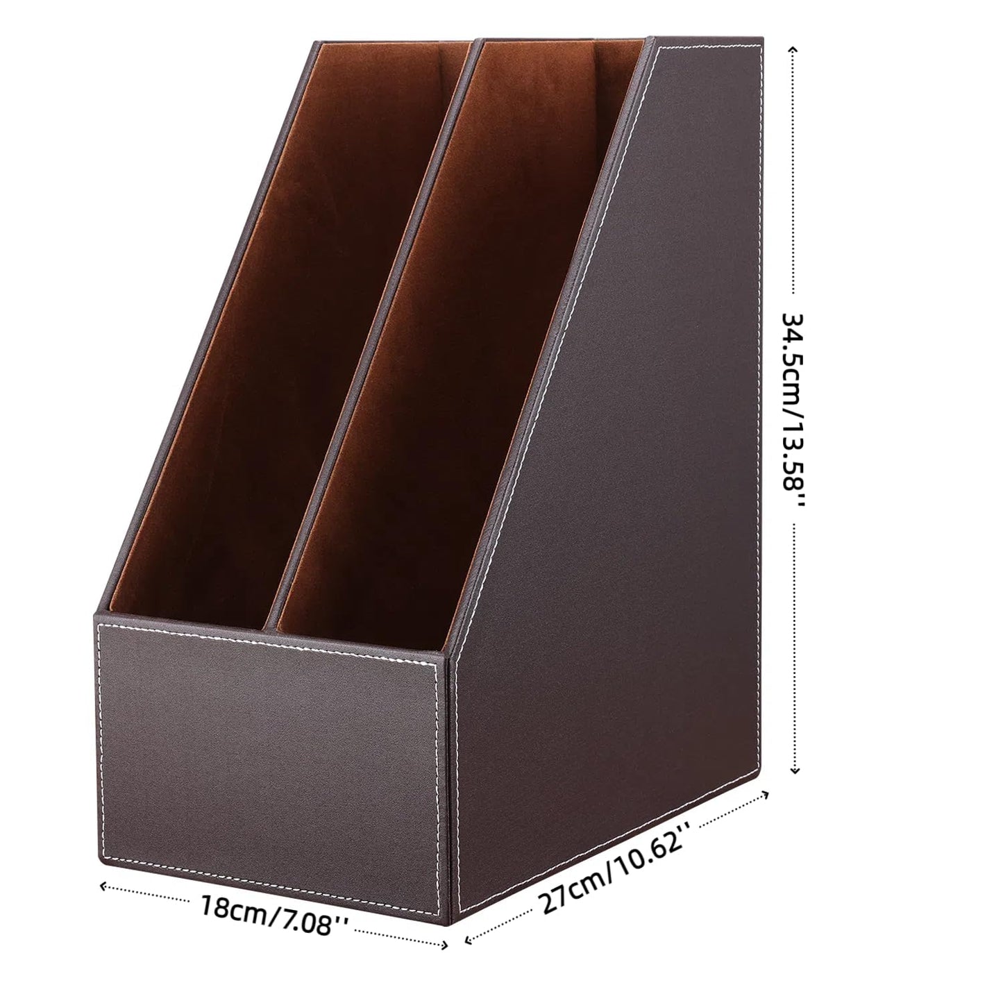 KINGFOM Wooden Leatherette Desktop File Folder Organizer and Document File Stand Journals Magazine Rack 2 Slots (brown)
