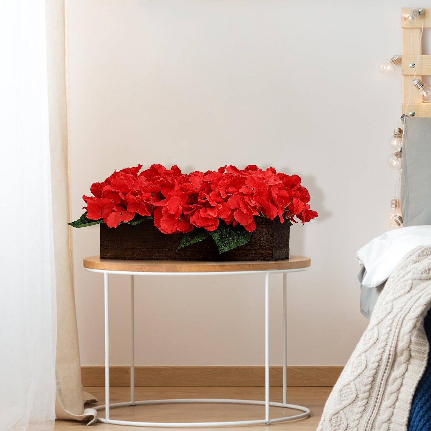 Scawim Flower Table Centerpiece, Artificial Hydrangea Arrangements Centerpieces Fake Flowers Decor Wood Tray with Faux Flower Wedding Bouquets Room Kitchen Farmhouse Indoor Office Party(Red)