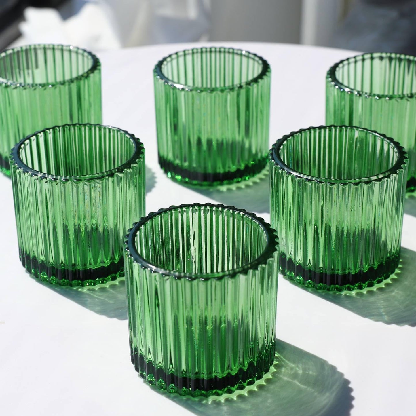 VOHO Large Votive Candle Holders 2.75'' x 2.56'' Set of 6, Ribbed Candle Holder for Votive/Tea Lights Candles, Green Votive Holder for Halloween/Christmas Holiday