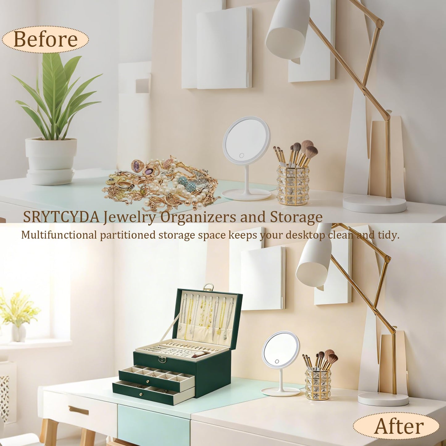 SRYTCYDA SRTCYDA Jewelry Box for Women, Large PU Leather Jewelry Organizers and Storage with Lock and Key, 3-Layer Dresser Top Jewelry Box for Holds Necklace, Earring, Ring, Bracelet, Watch (Green)