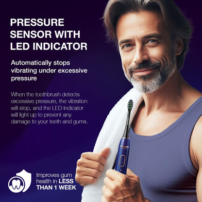 Wagner Stern IntelliBrush Series Whitening Electric Toothbrush with Pressure Sensor. Offers 4 Brushing Modes, 3 intensities, 8 Soft Brush Heads, and a Luxury Travel case.