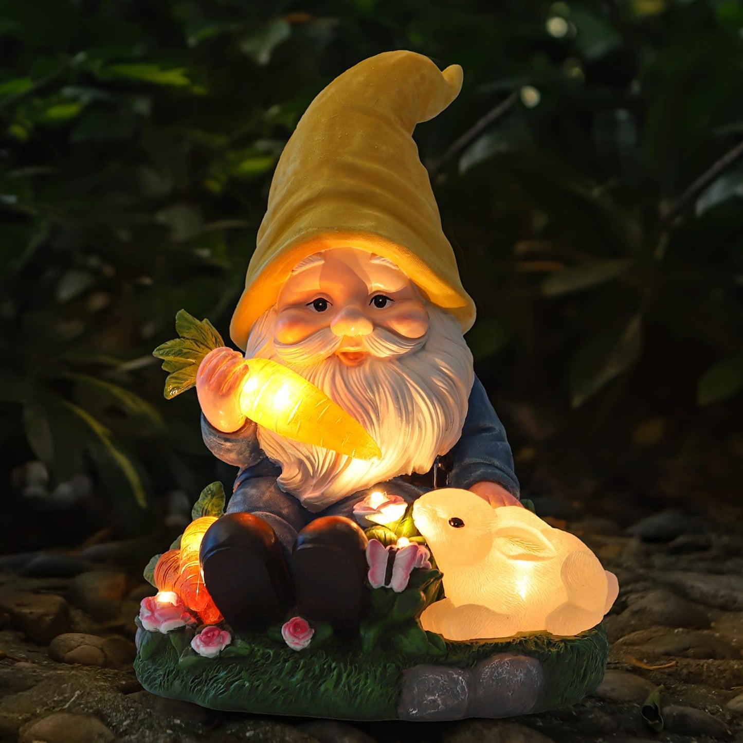 NATASE Solar Garden Outdoor Statues Gnome Feeding Rabbit with 6 LED Lawn Decor Outside Decorations for Patio, Balcony, Yard Ornament Unique Garden Gift