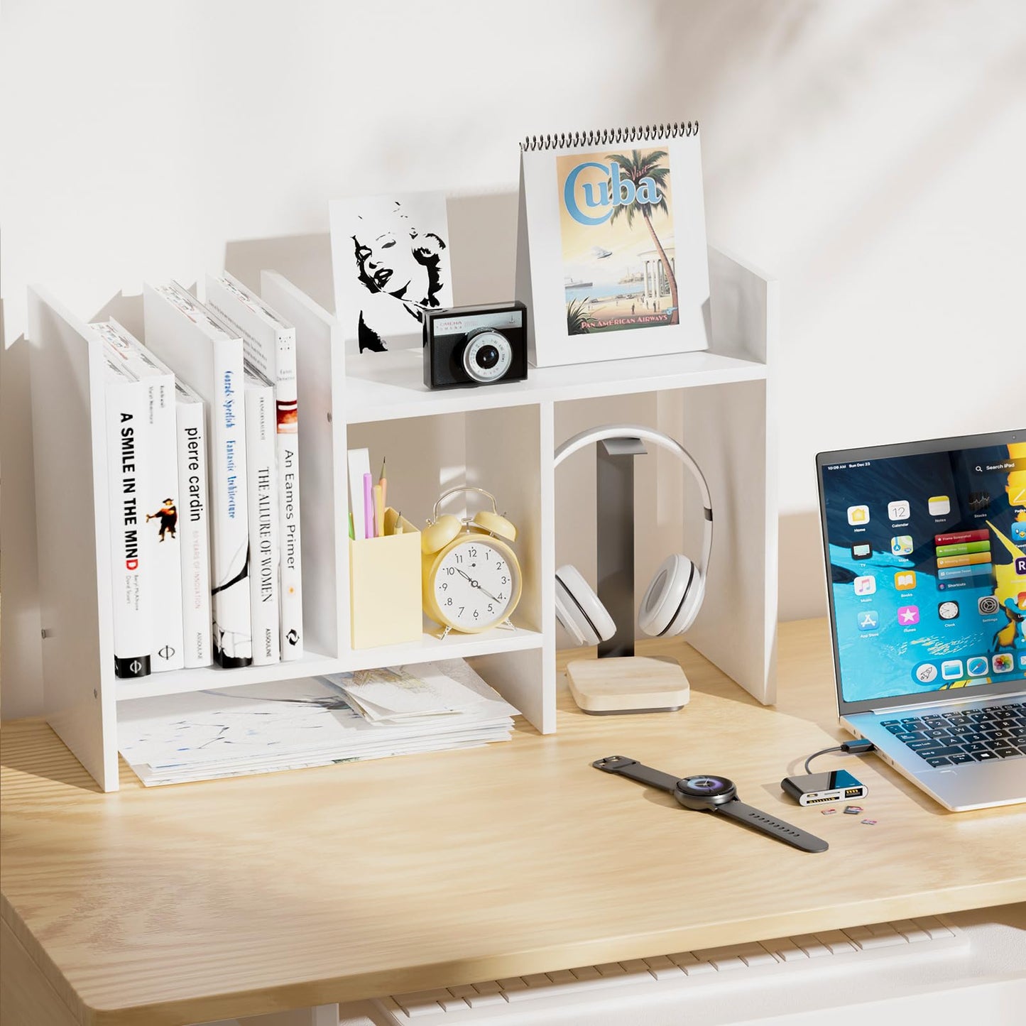 FNBAR Desk Shelves Wood Desktop Orgnizer Shelf. Office Organization for Top of Desk Organizers and Accessories Bookshelf Shelving,Adjustable Tier H-Shape Mini Bookcase(White)
