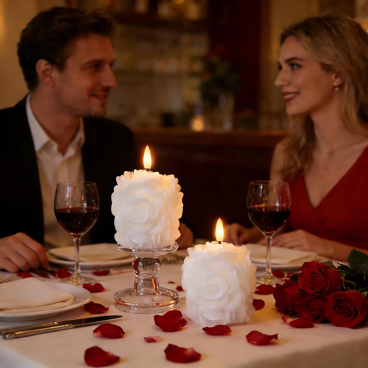AFINETH Valentine Day Rose Flameless Candles with Remote and Timer, 2 Pack Flickering LED Candles for Proposal Wedding Anniversary Romantic Night, White