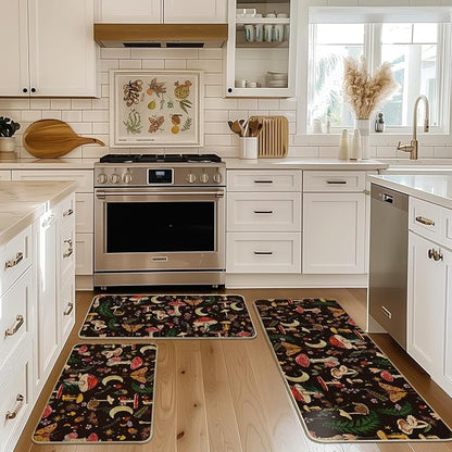 Artoid Mode Black Mushrooms Butterfly Spring Kitchen Mats Set of 3, Home Decor Low-Profile Kitchen Rugs for Floor - 17"x29"+17"x36"+17"x47"