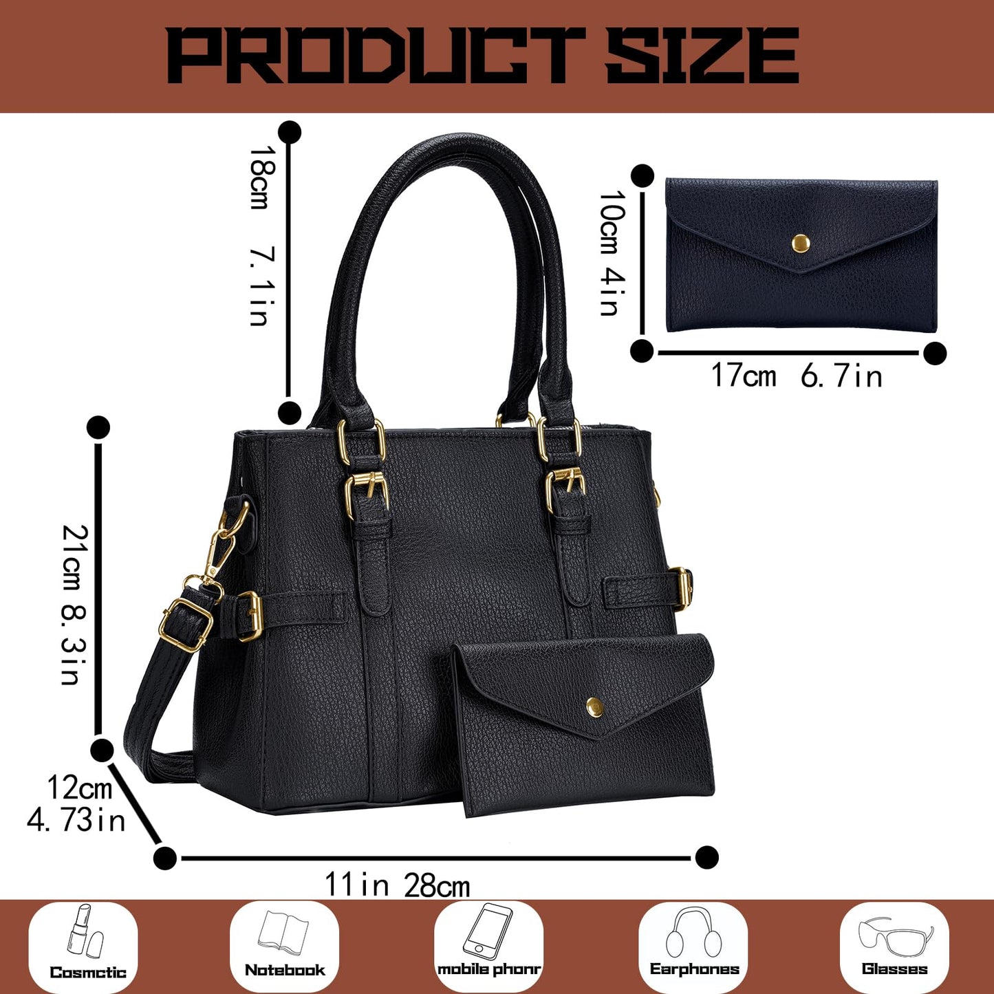 Tigpoy Black Purses for Women, Purses and Handbags Set Fashion Leather Shoulder Tote Work Bag for Women Ladies Top Handle Satchel 2PCS (Black)