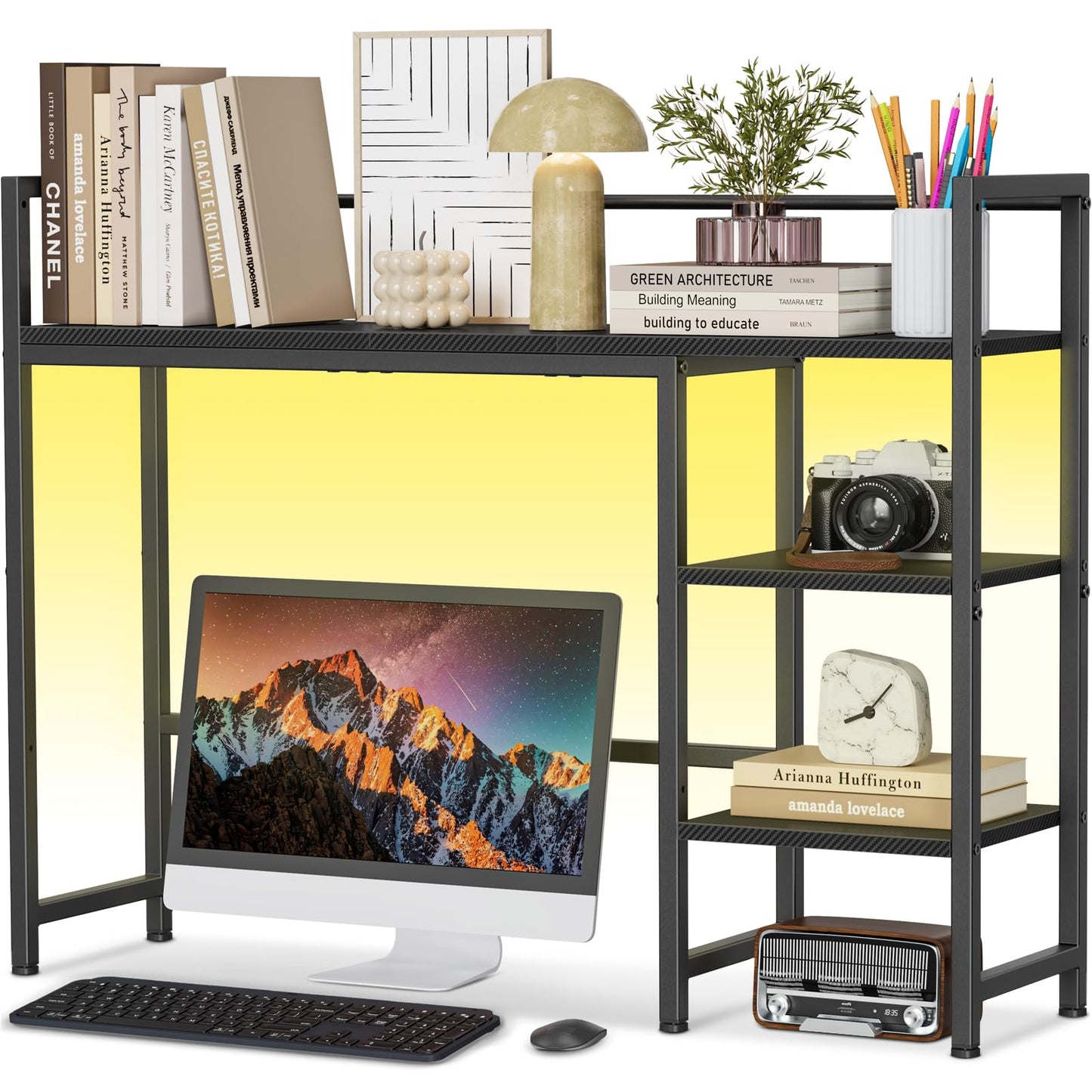 Snughome Desk Shelf with LED Strip, 38.6" Desktop Organizer Shelf, Desk Hutch for Computer Monitor, 4 Tier Desk Display Rack, Wood Desktop Bookshelf Storage Rack for Home Office Dorm