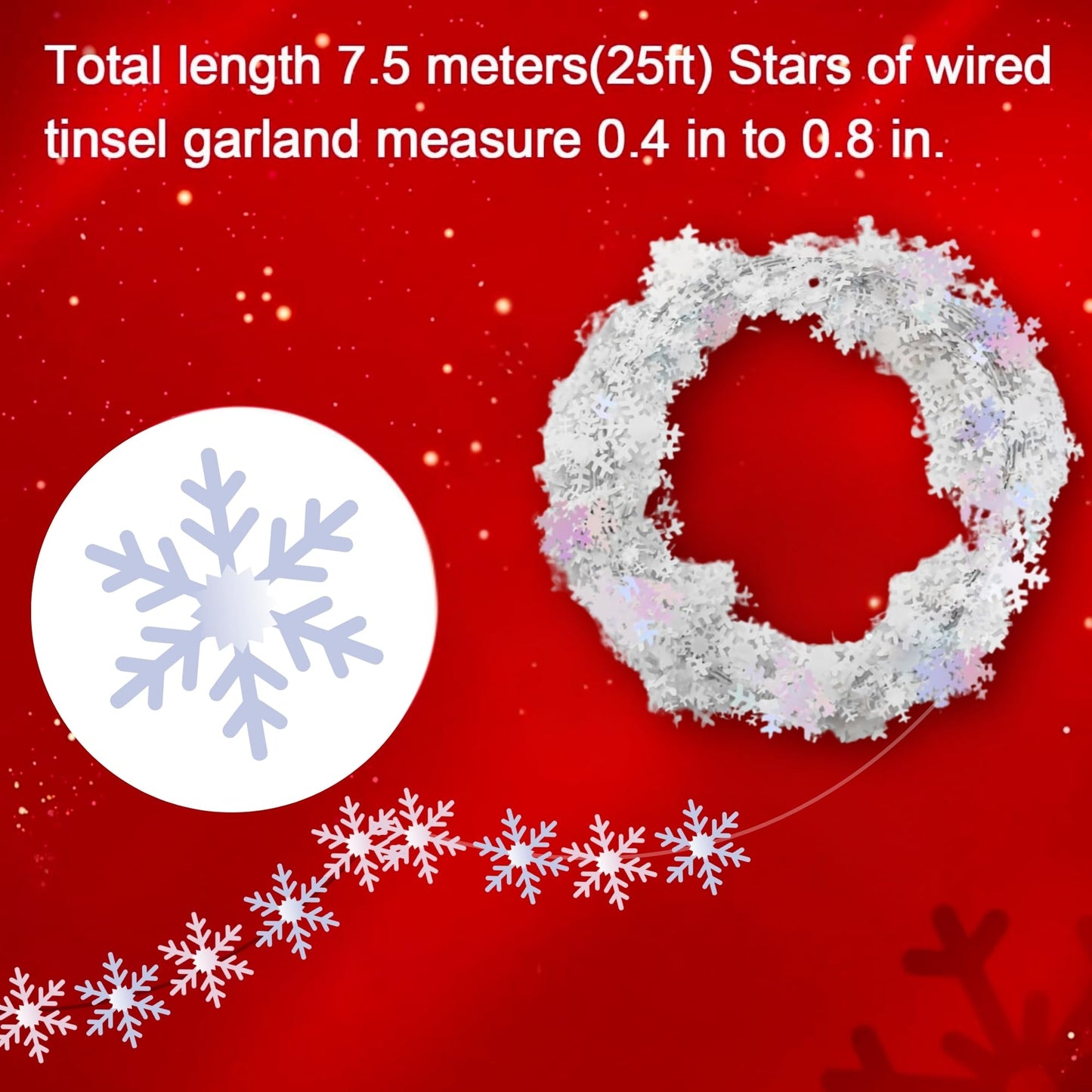 PMU 150 Ft Snowflake White Iridescent, Wire Shiny Garland - Halloween, Christmas Party, Wedding, Birthday, Festive Home Decoration Ornament (6pc-25 Ft Each)