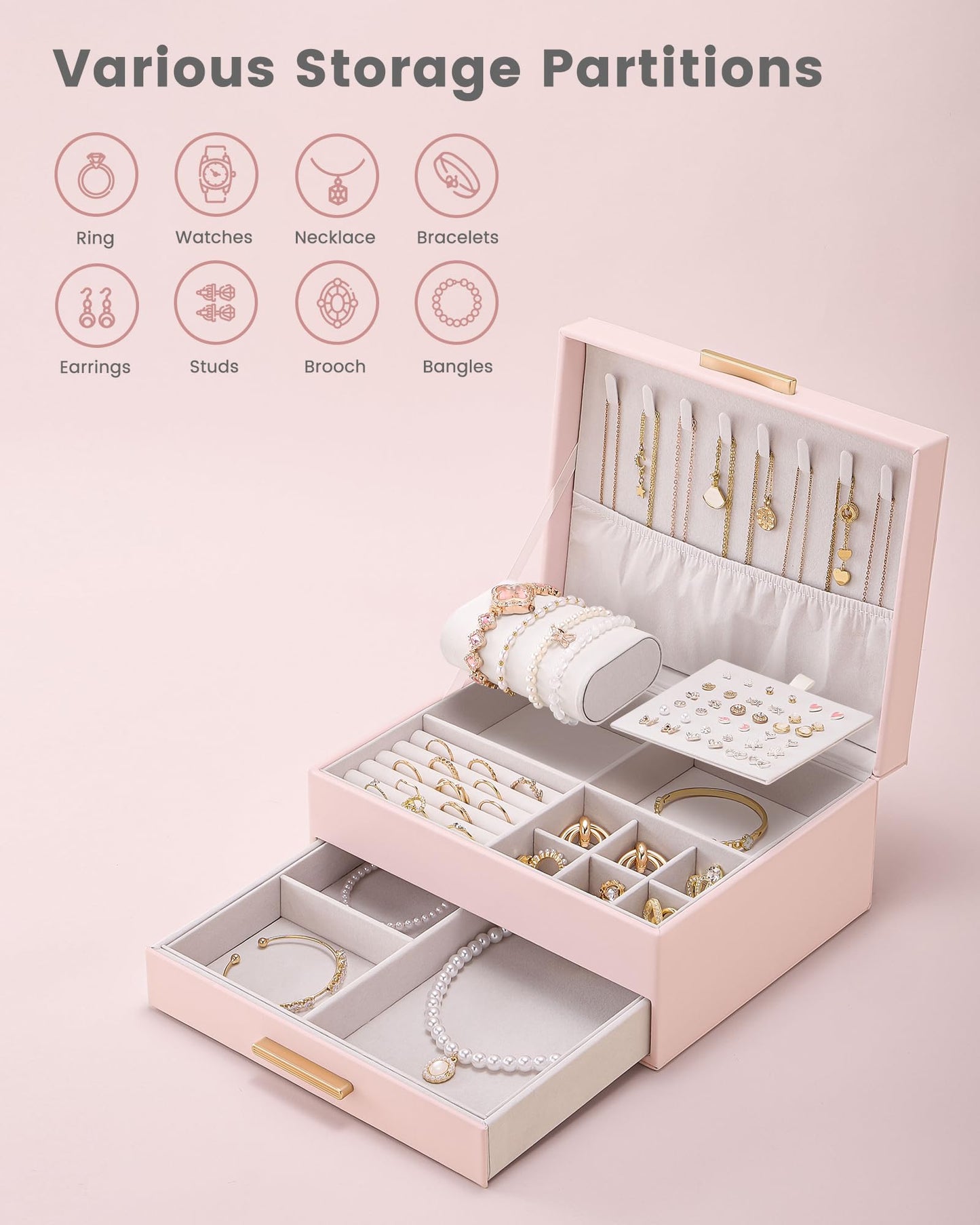 Lolalet 2-Layer Jewelry Box Organizer for Women Girls, Jewelry Storage Case Holder with Drawers for Necklaces Ring Earrings Bracelet Watch, Gifts Choice for Mom Mother’s Day -Pink