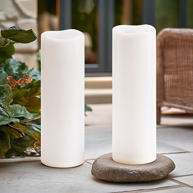 4" x 14" White Large Waterproof Outdoor Flameless Candles Battery Operated LED Flickering Pillar Candles with Remote and Timer for Indoor Outdoor Lanterns, Long Lasting, Set of 2