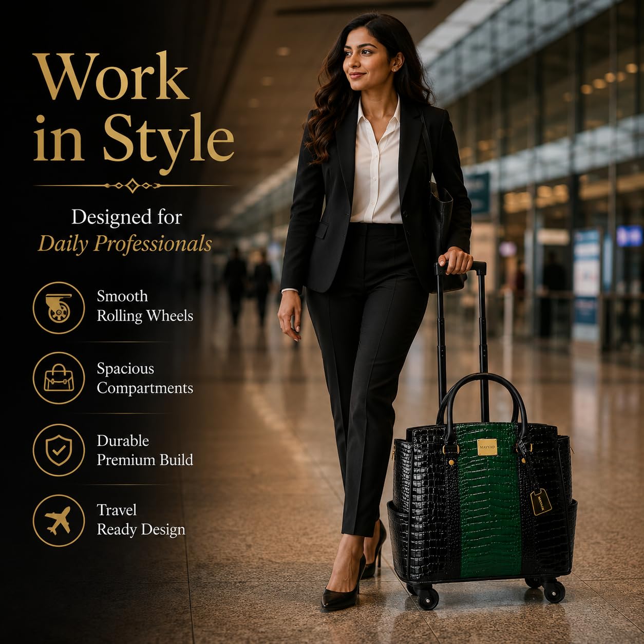 MAYYAD Emerald Green and Black Rolling Laptop Bag for Women – Premium Crocodile Embossed PU Leather Business Trolley – Stylish 17.3” Laptop Briefcase with Spinner Wheels