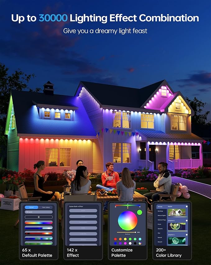 ASAHOM AI Permanent Outdoor Lights S107D, 200FT with 144 RGBCW LED Lights and Dual Output, 30,000 Lighting Effect Combination, IP67 Waterproof for House Halloween Christmas and Daily Decoration, White
