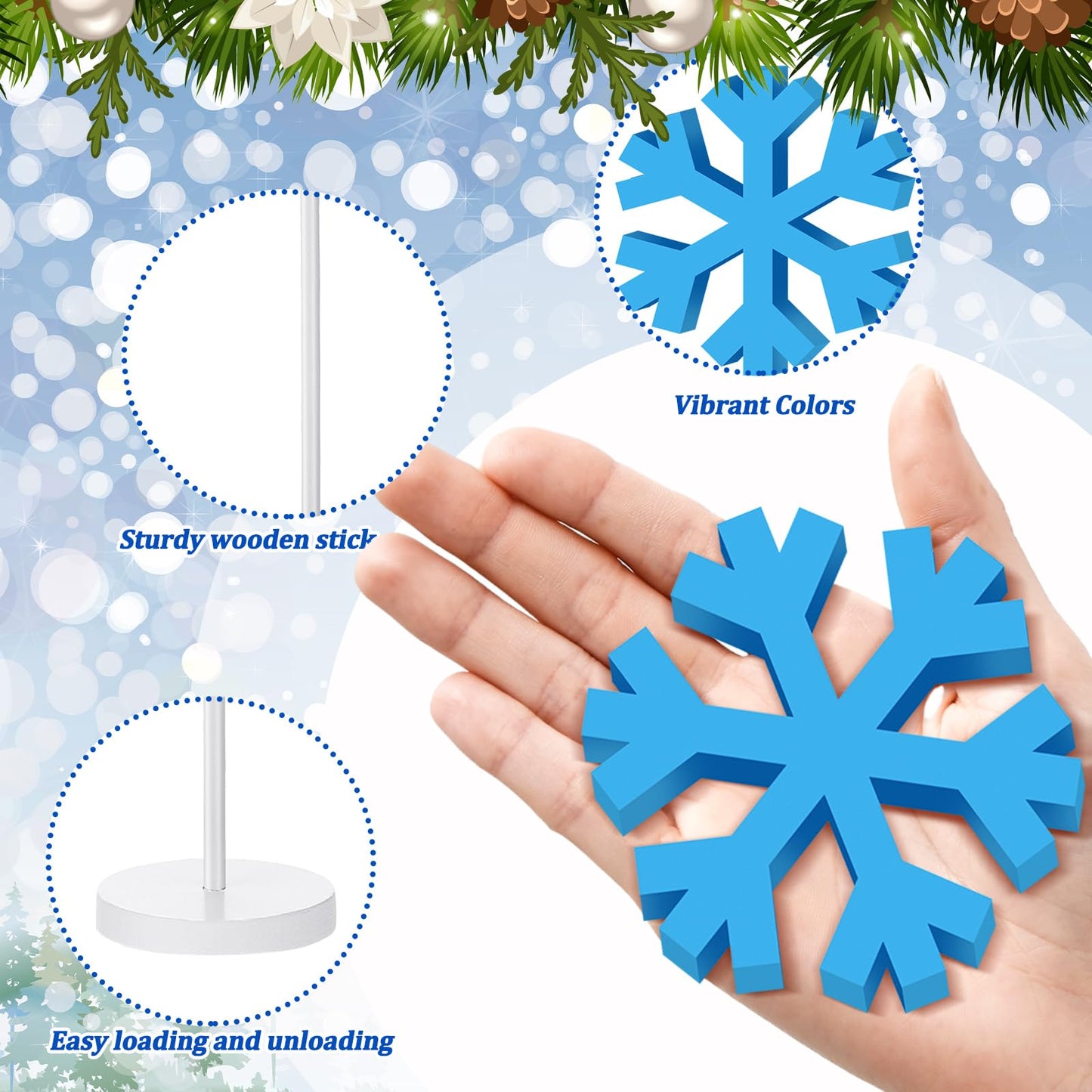 Wenqik 6 Pcs Winter Snowflake Table Decor Wooden Christmas Winter Snowflakes Table Centerpiece Standing Tabletop Sign Blue White Rustic Fireplace Home Decor for Party Decoration