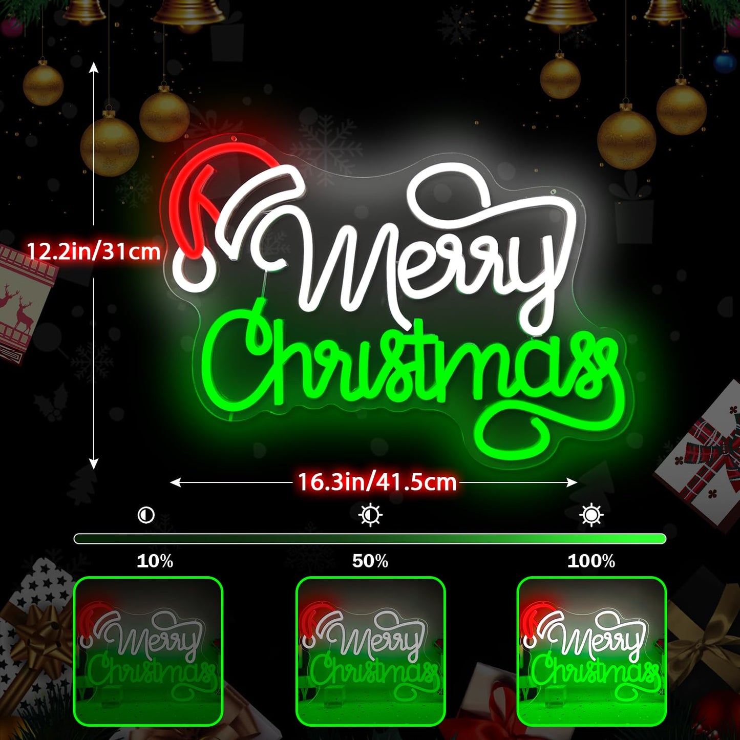 Merry Christmas Neon Sign Christmas Led Signs for Wall Decor Dimmable Santa Hat Neon Light for Party Bedroom Acrylic Holiday Light Up Signs for Window Xmas Neon Wall Art Gifts Size(12.2in*16.3in)